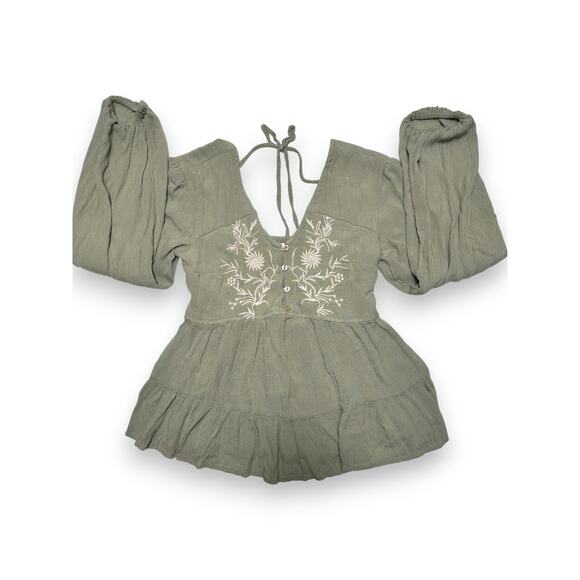 Japna Sage Green Floral Embroidery Ruffled Blouse Size Small - Picture 3 of 8